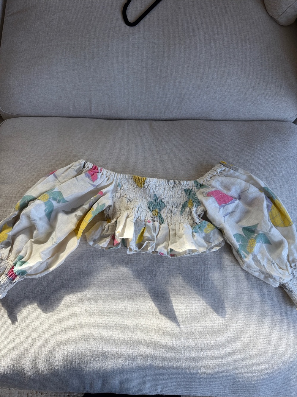 White Off-Shoulder Floral Smocked Crop Top with Ruffled Hem